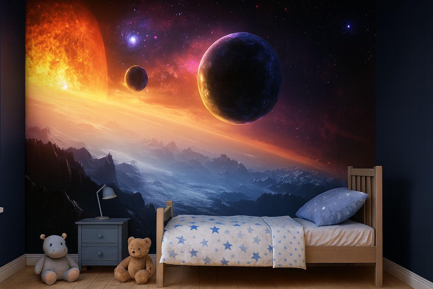 Sunset Planets Wall Mural – Outer Space Galaxy Wallpaper for Bedroom & Living Room Vn874