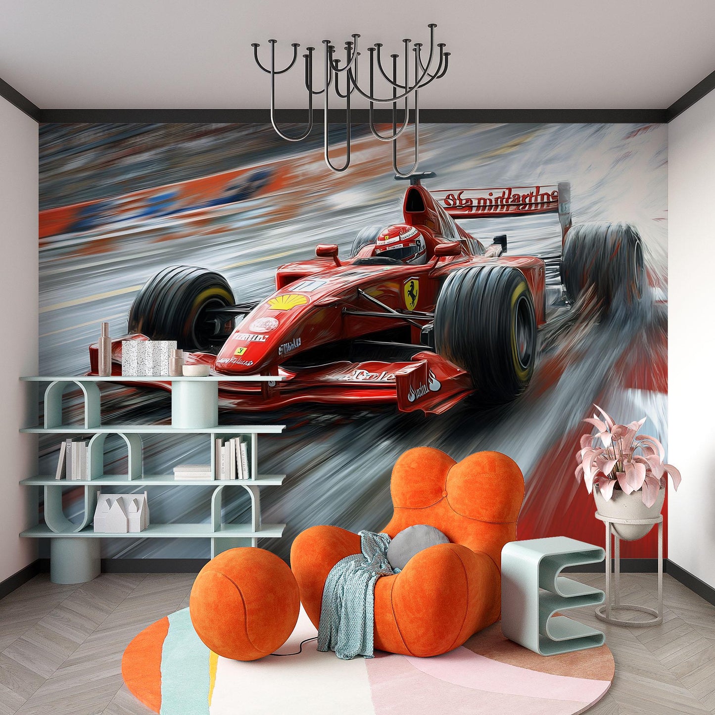 Ferrari Formula 1 Wall Mural – Red Racing Car Wallpaper for Boys Bedroom & Gamer Room Vn876