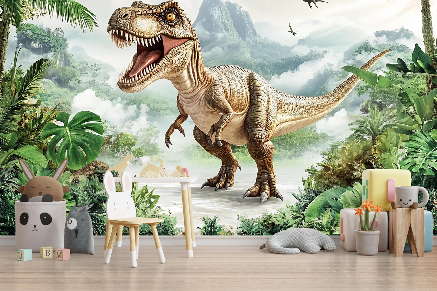 T-Rex Dinosaur Wall Mural for Kids Room – Jungle Prehistoric Wallpaper – Boys Nursery Dino Decor – Large Wall Art Poster Vn402