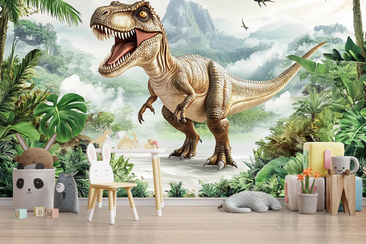 T-Rex Dinosaur Wall Mural for Kids Room – Jungle Prehistoric Wallpaper – Boys Nursery Dino Decor – Large Wall Art Poster Vn402
