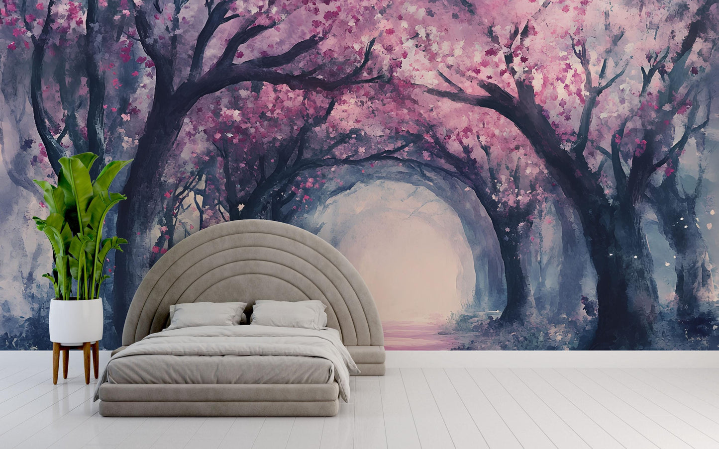 Enchanted Cherry Blossom Forest Wall Mural – Dreamy Tree Tunnel Wallpaper for Bedroom & Living Room Vn763