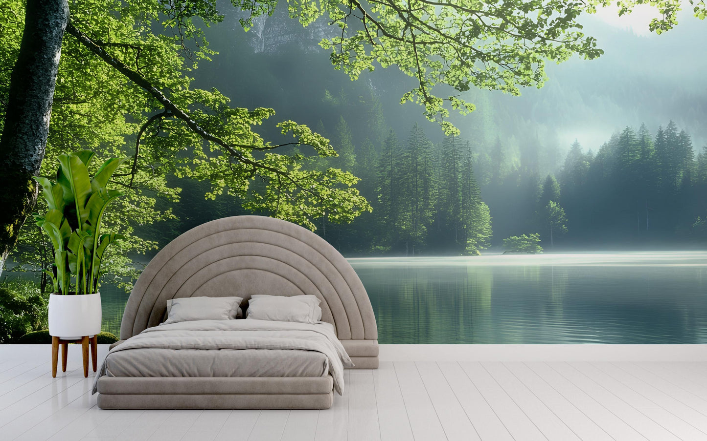 Forest Lake Wall Mural – Serene Nature Bedroom Wallpaper, Tranquil Green Landscape Decor, Removable Large Wall Art Vn479