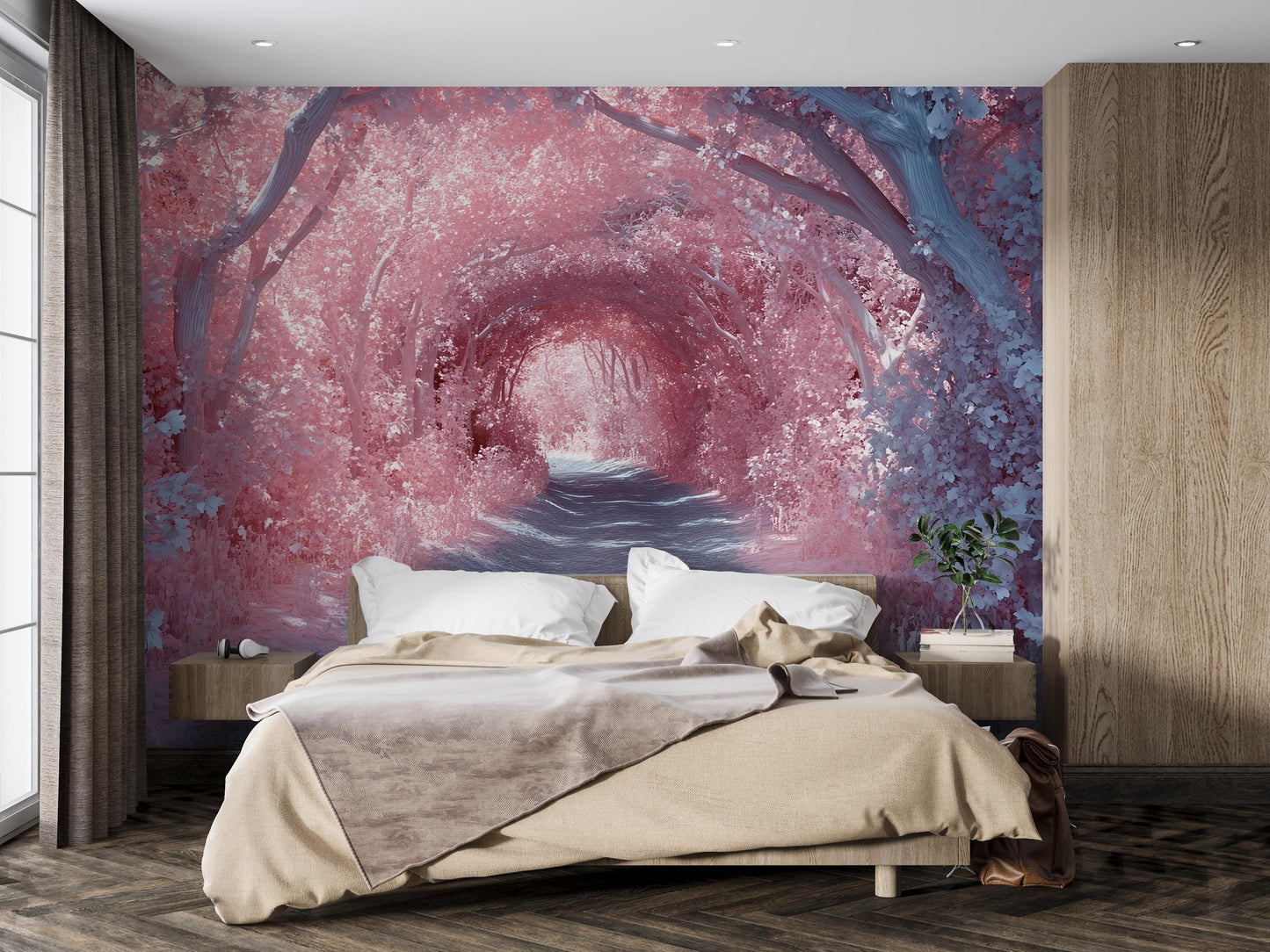 Forest Path Wall Mural – Dreamy Pink & Blue Nature Scene, Bedroom Accent Wallpaper, Mystical Woodland Art Print Vn578
