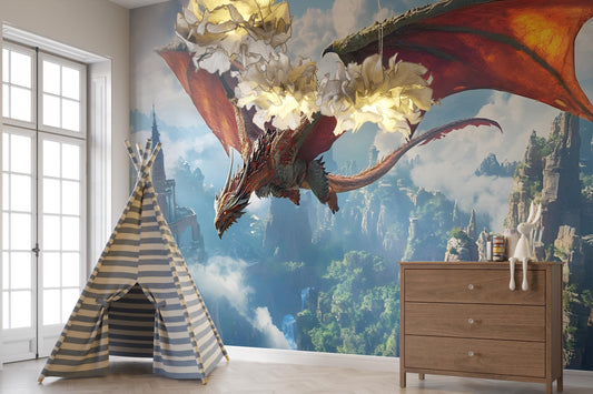 Fantasy Dragon Wall Mural for Kids Room – Epic Flying Dragon Wallpaper with Castle Landscape Vn028