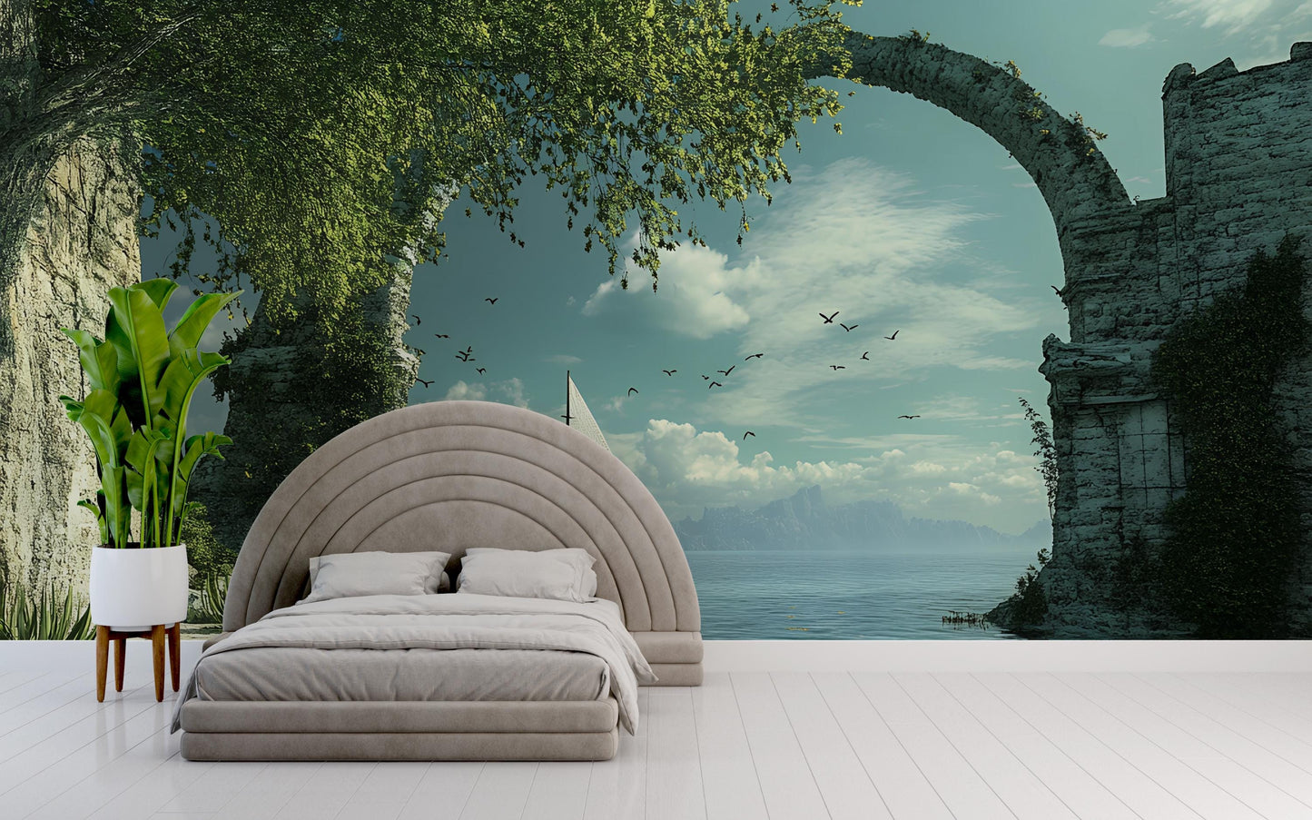 Ocean View Wall Mural – Sailboat & Ancient Arch Scenic Wallpaper – Serene Bedroom Decor Vn565