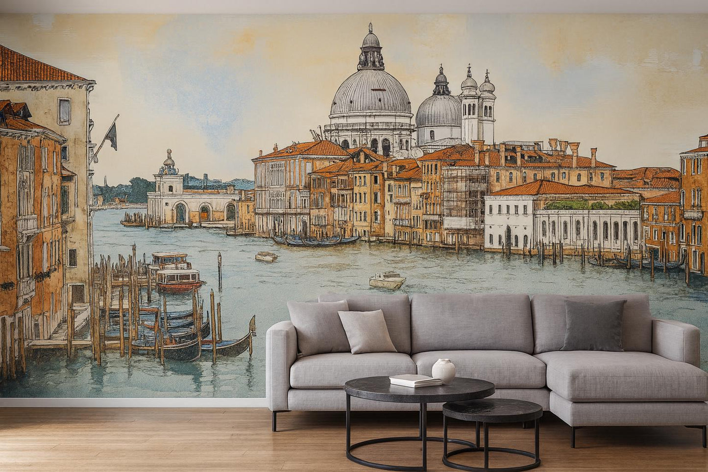 Venice Grand Canal Basilica Wall Mural – Italy Watercolor Gondola Wallpaper for Bedroom & Living Room Vn920