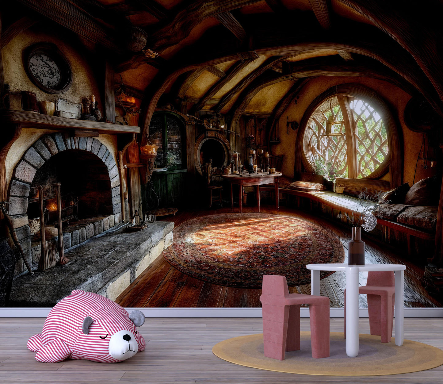 Hobbit-Inspired Nursery Wall Mural – Cozy Fantasy Fireplace & Round Window Scene – Storybook Woodland Baby Room Decor Vn605