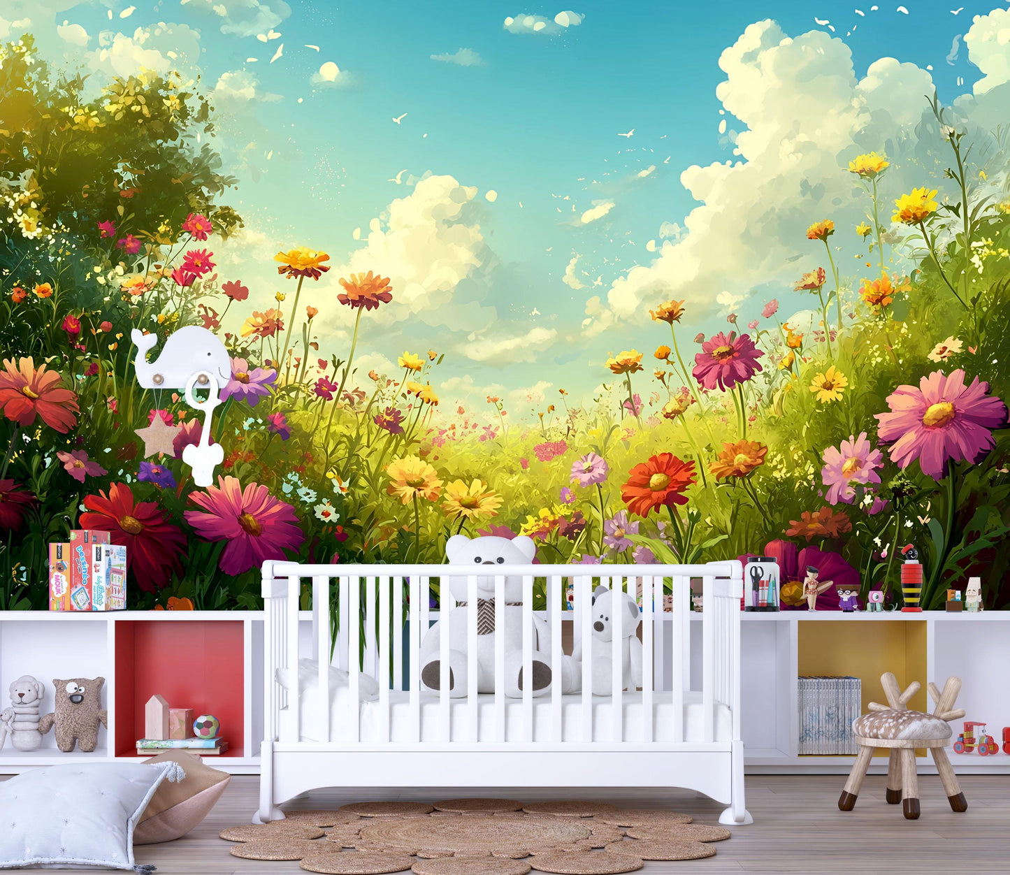 Whimsical Floral Meadow Wall Mural for Kids Room – Vibrant Nature Wallpaper Vn706