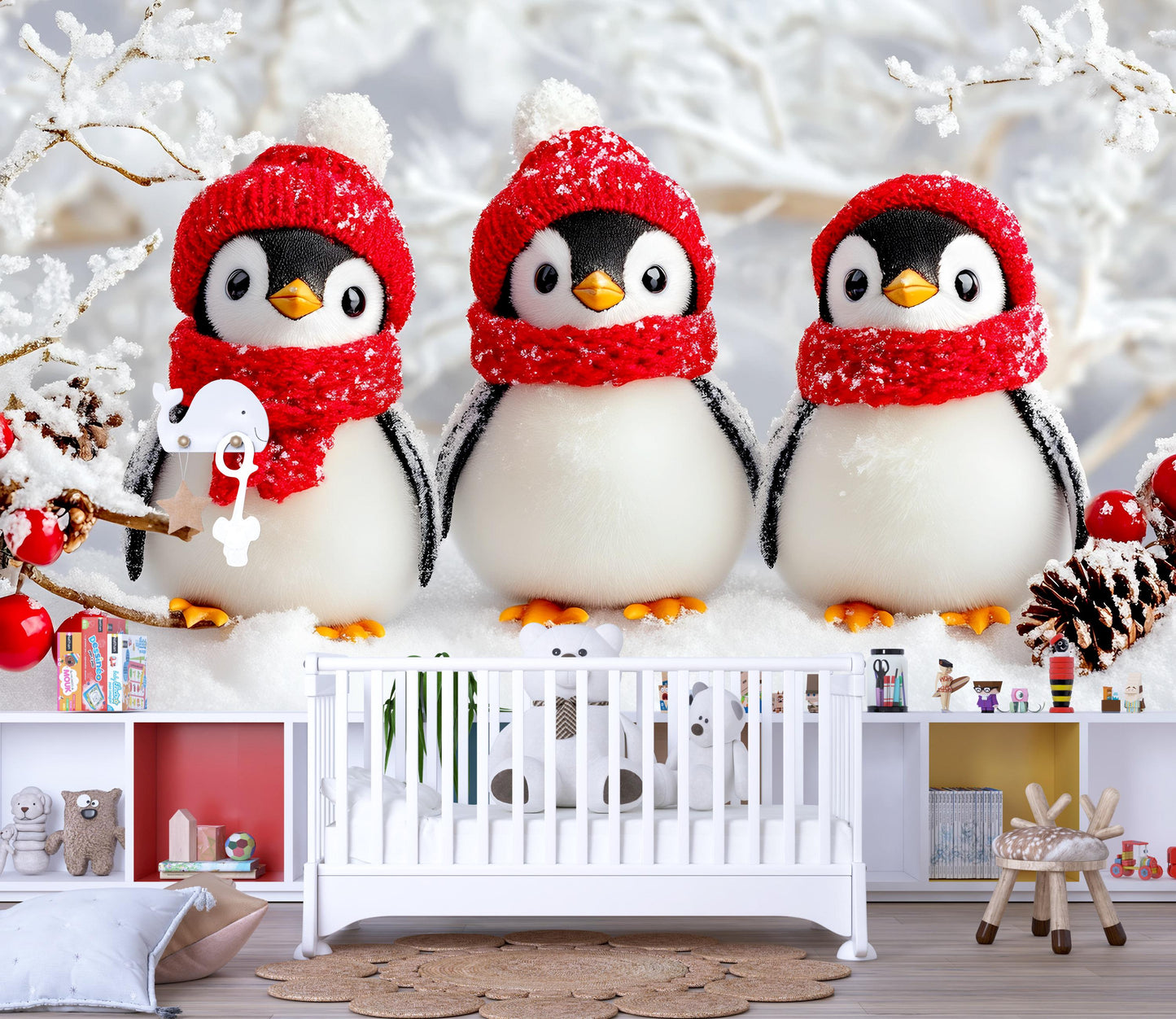 Winter Penguin Nursery Wall Art – Cute Snowy Penguins in Red Hats – Holiday Baby Room Decor – Arctic Animal Print – Christmas Theme Vn529