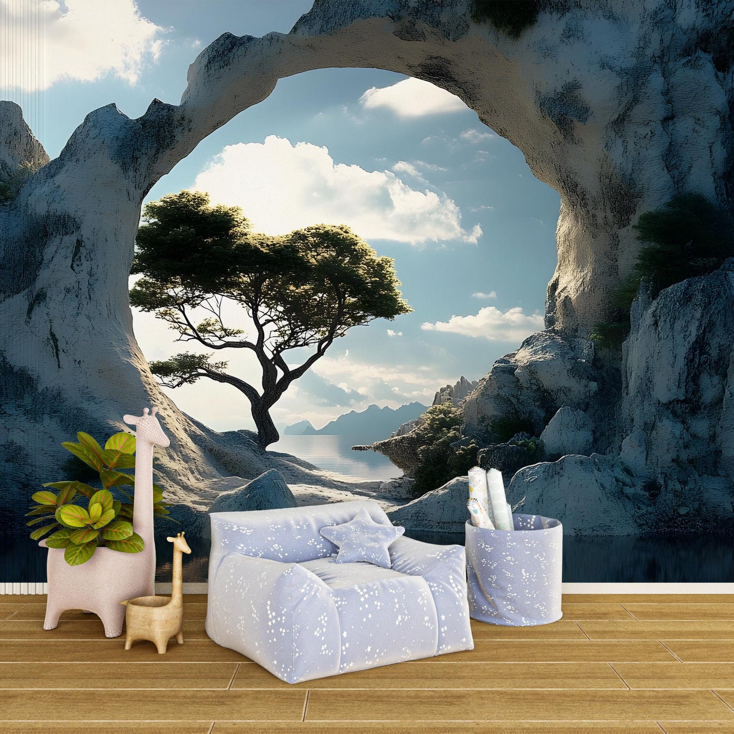 Nature Arch Wall Mural - Tree and Ocean Scenic Wallpaper - Removable Peel and Stick Landscape Wall Art - Bedroom or Living Room Decor Vn016