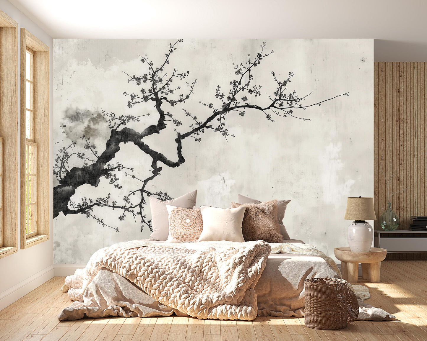 Japandi Cherry Blossom Wall Mural | Minimalist Nature Wallpaper Vn1041