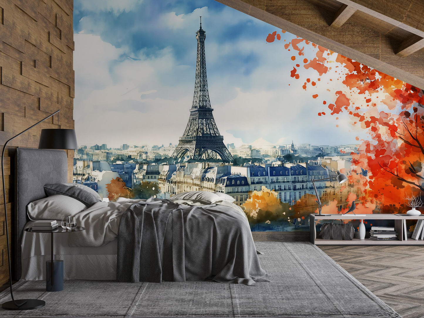Paris Eiffel Tower Wall Mural – Watercolor Paris Skyline Wallpaper Vn927