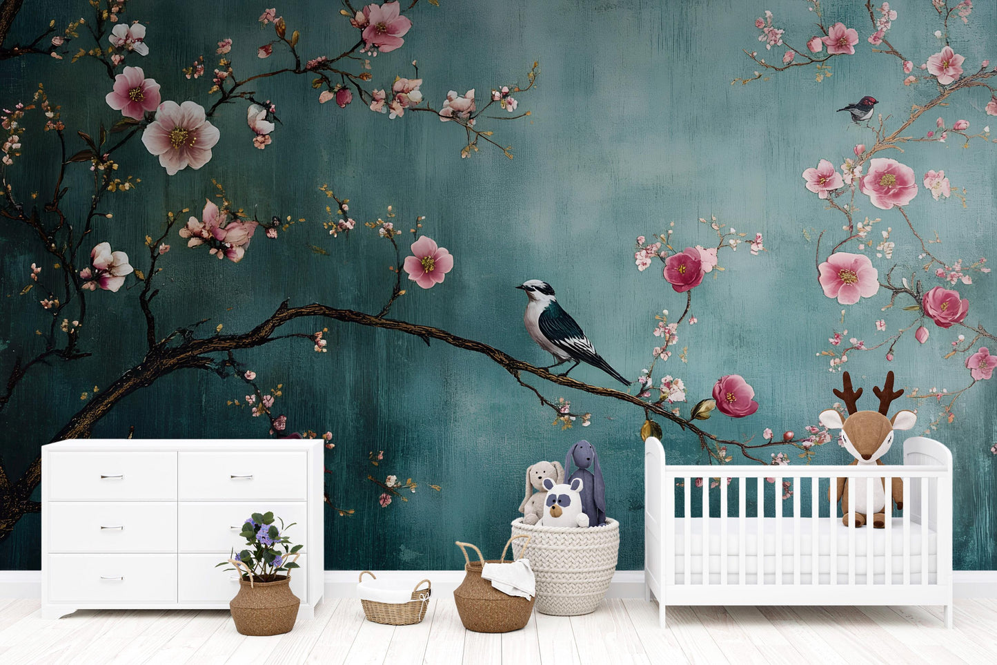 Cherry Blossom Wall Mural – Bird and Floral Nursery Wallpaper, Elegant Botanical Accent Wall for Kids Room or Bedroom Vn856