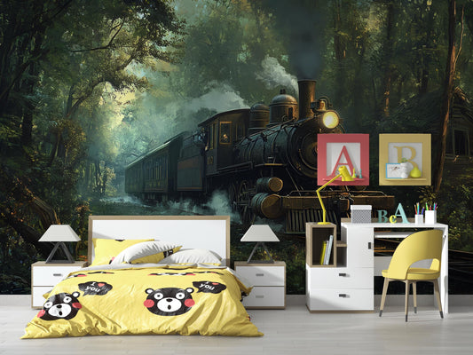 Vintage Steam Train Wall Mural for Kids Room – Adventure Forest Railway Wallpaper Vn224
