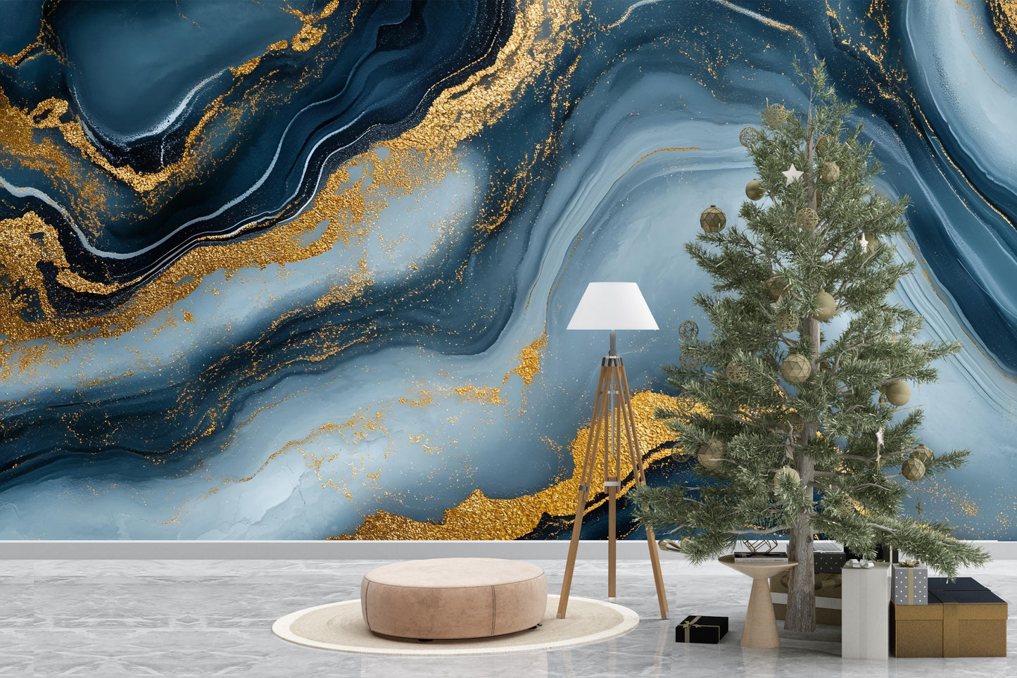 Navy Gold Marble Wall Mural – Luxury Abstract Wallpaper Vn966