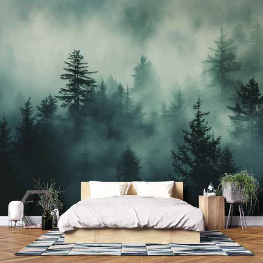 Misty Forest Wall Mural – Dark Green Woodland Wallpaper, Foggy Pine Tree Nature Accent Wall Decor for Bedroom or Living Room Vn1074