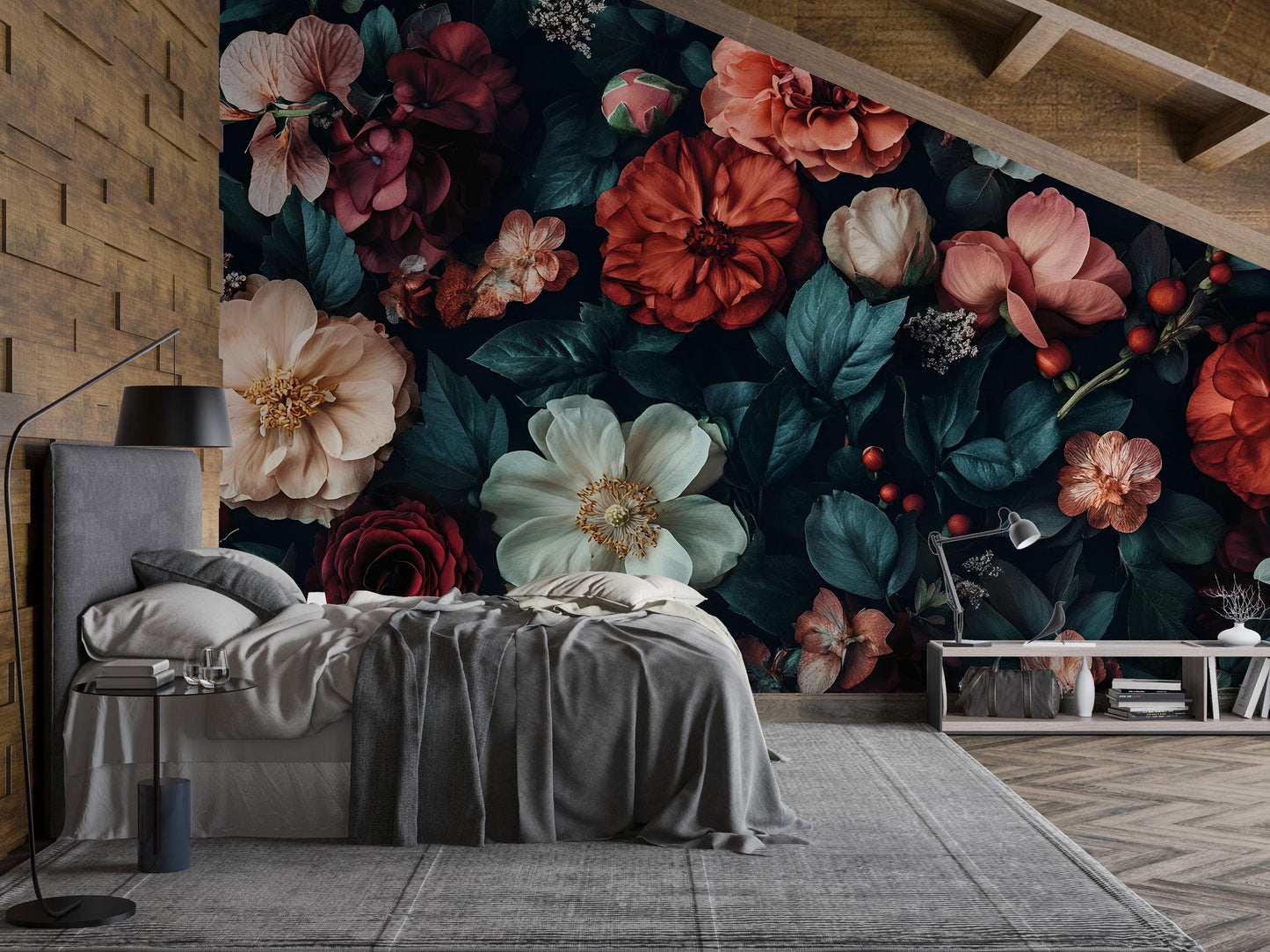 Bold Floral Wall Mural | Dark Botanical Bedroom Wallpaper | Oversized Flower Accent Wall Decor Vn642