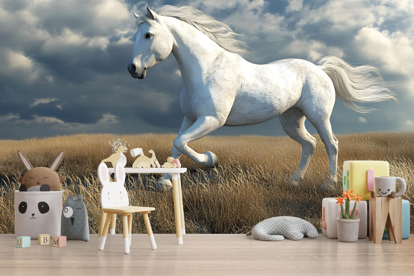 White Horse Wall Mural – Majestic Stallion Running in Field Wallpaper for Bedroom or Nursery Vn784