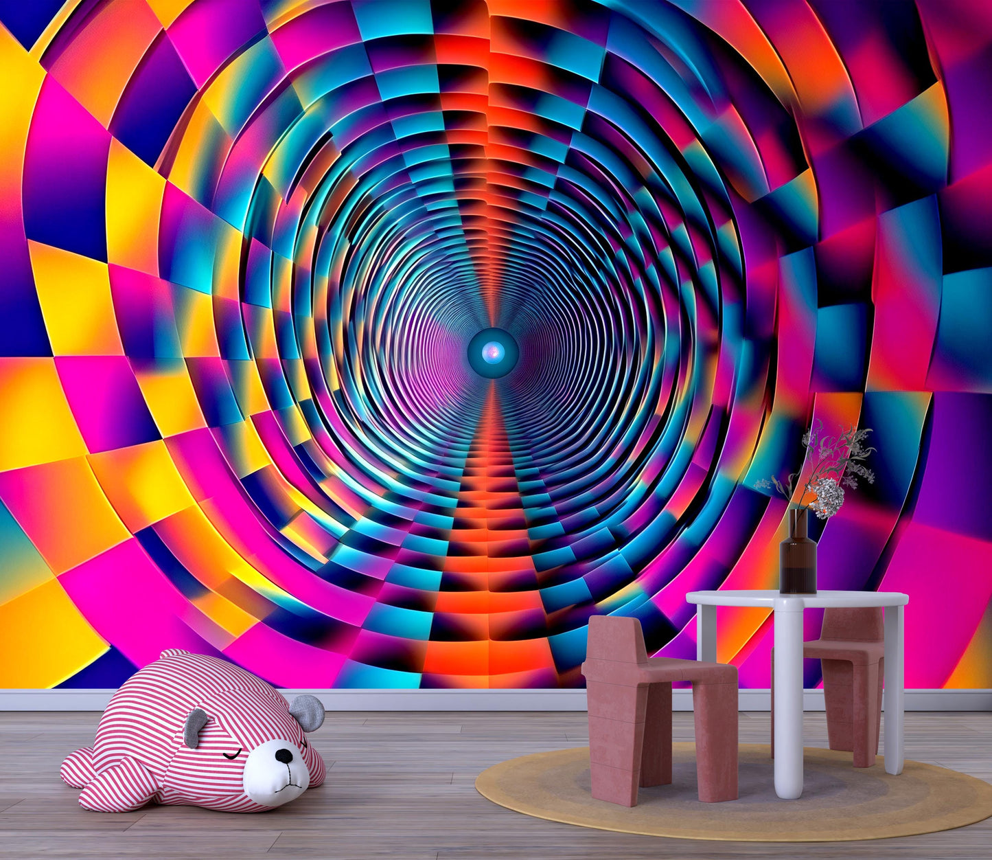 Psychedelic Spiral Wall Mural – Neon 3D Optical Illusion Kids Room Wallpaper Vn915