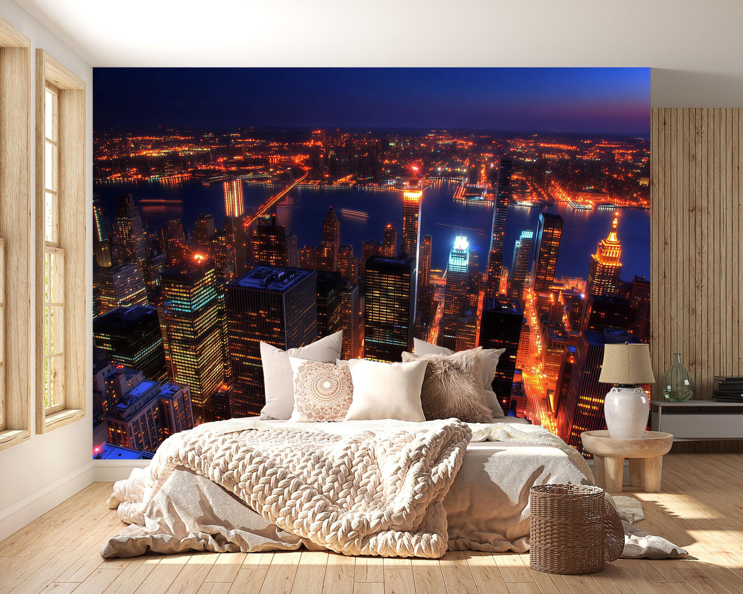 NYC Aerial Night Skyline Wall Mural – New York City Lights Wallpaper for Bedroom Vn896