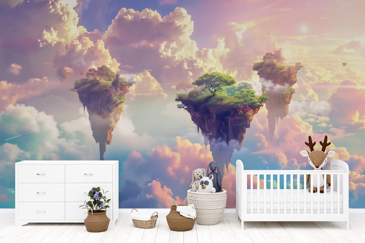 Fantasy Floating Islands Wall Mural – Dreamy Sky & Clouds Wallpaper, Magical Kids Room Decor, Surreal Accent Wall Art Vn1081