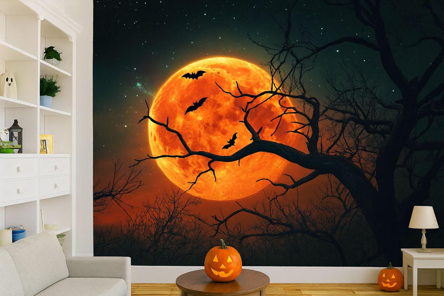 Halloween Full Moon & Bats Wall Mural – Spooky Night Scene Vn804
