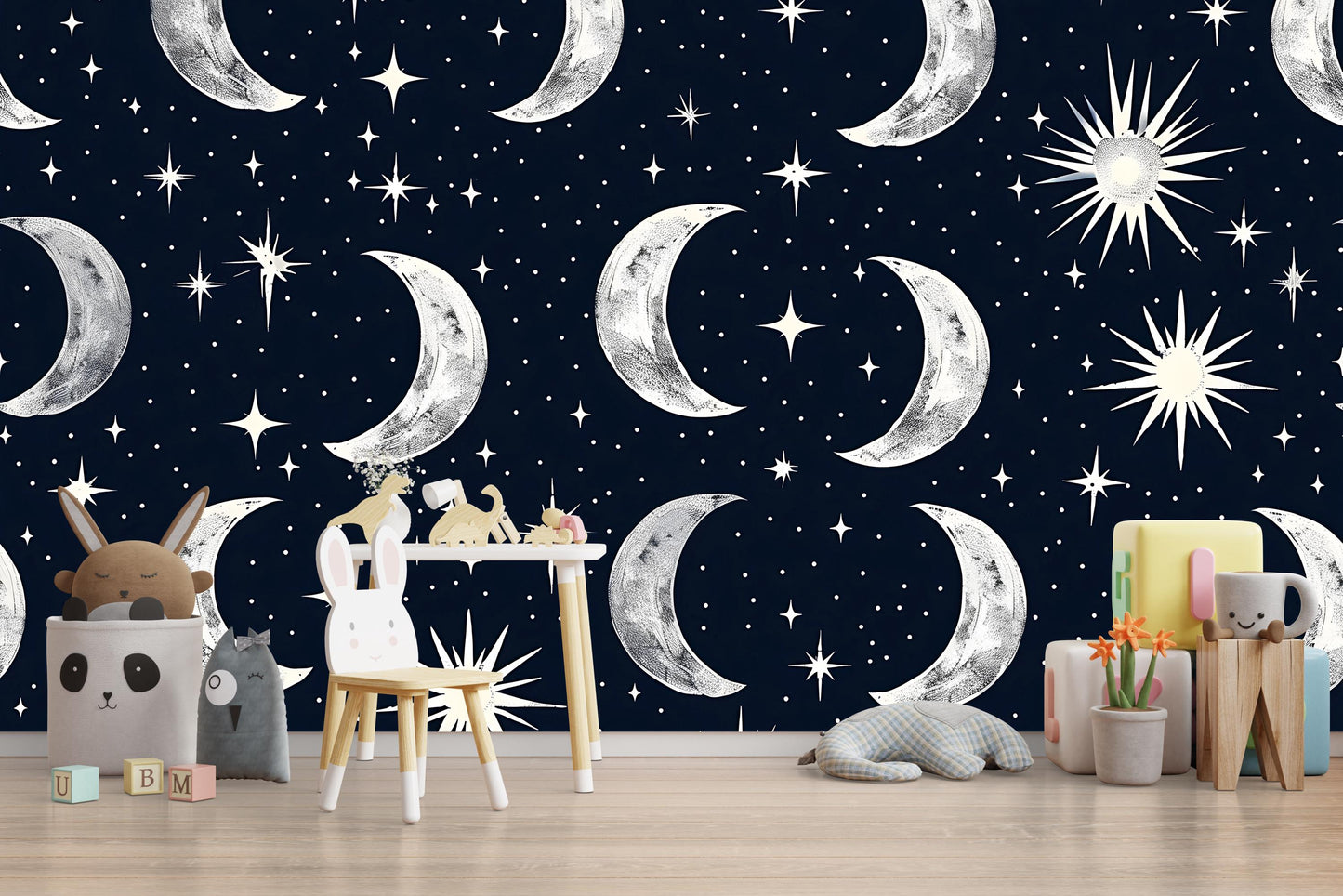 Crescent Moon Wallpaper – Starry Night Sky Wall Mural for Bedroom or Nursery Decor Vn1014