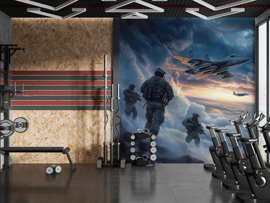 Military Gym Wall Art | Fighter Jet & Soldier Mural | Tactical Motivation Poster | Home Gym Decor | Warplane Canvas Print Vn103