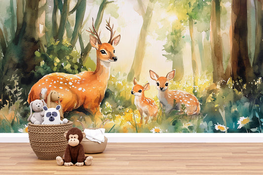 Whimsical Deer Forest Wall Mural for Kids Room – Woodland Nursery Wallpaper – Baby Room Animal Art – Removable Peel and Stick Vn336