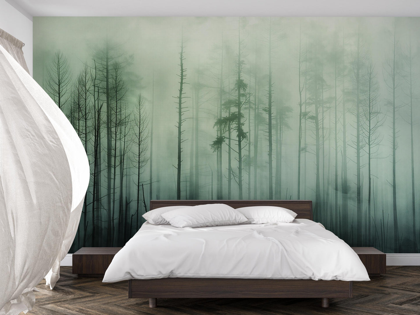 Misty Pine Forest Wall Mural – Foggy Woodland Wallpaper, Nature Landscape Accent Wall Decor for Bedroom or Living Room Vn1072