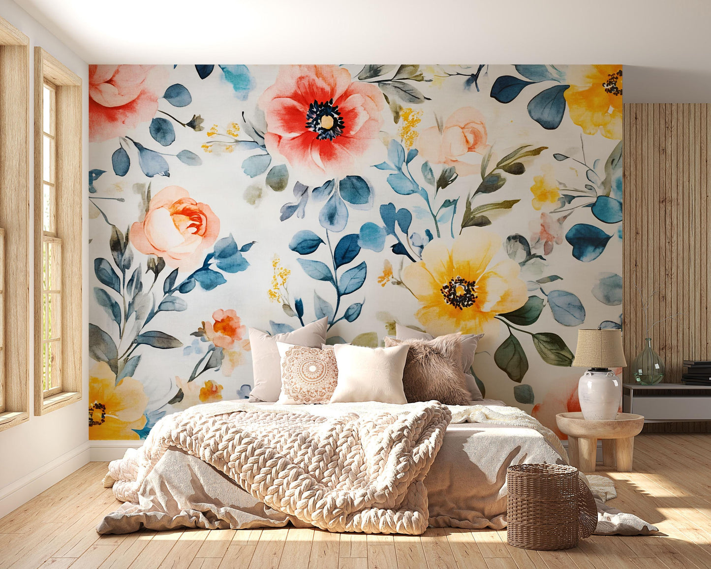 Watercolor Floral Wall Mural – Large Bold Botanical Wallpaper – Colorful Flower Bedroom Accent Wall Art – Peel & Stick or Removable Vn644