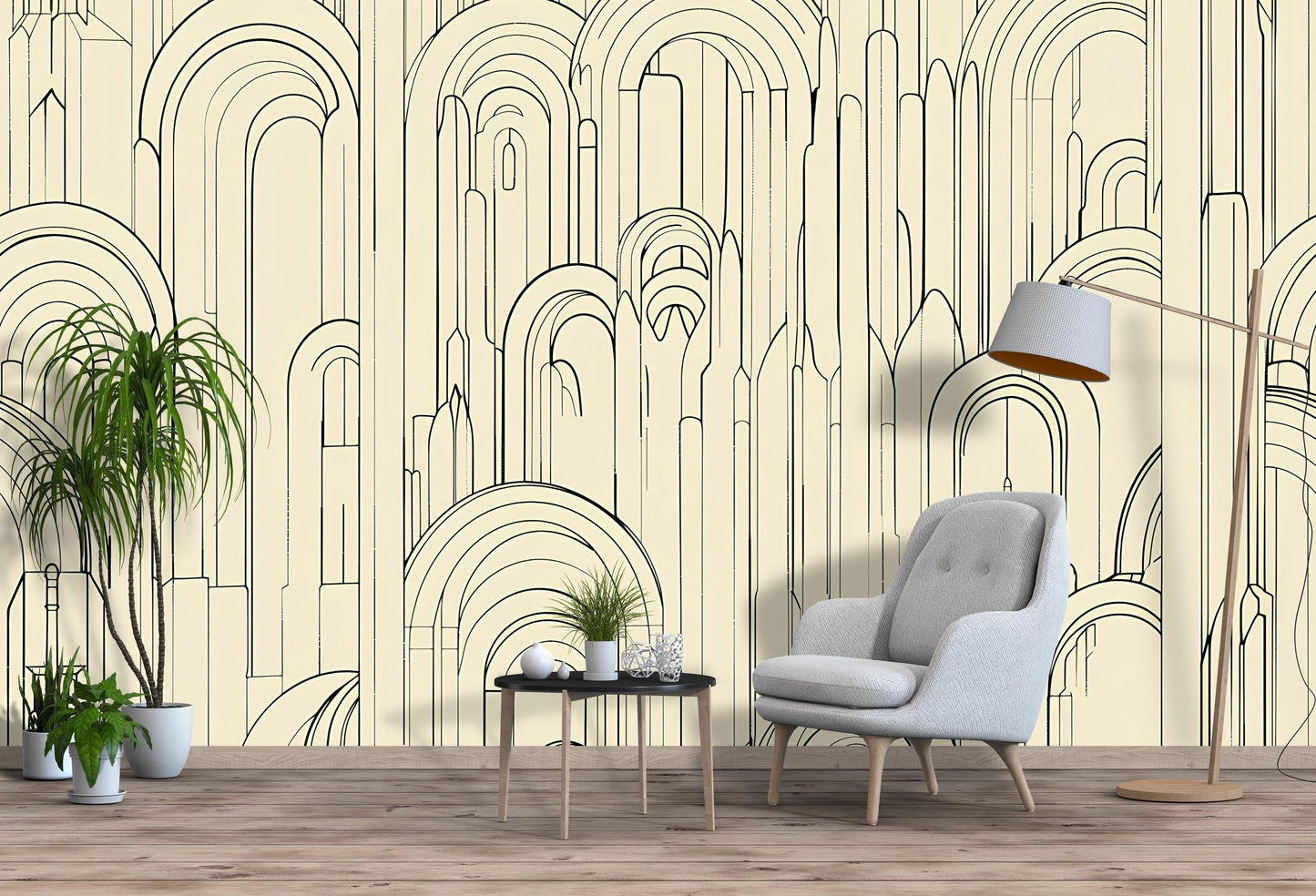 Beige Arch Line Wallpaper – Modern Geometric Wall Mural Vn1095