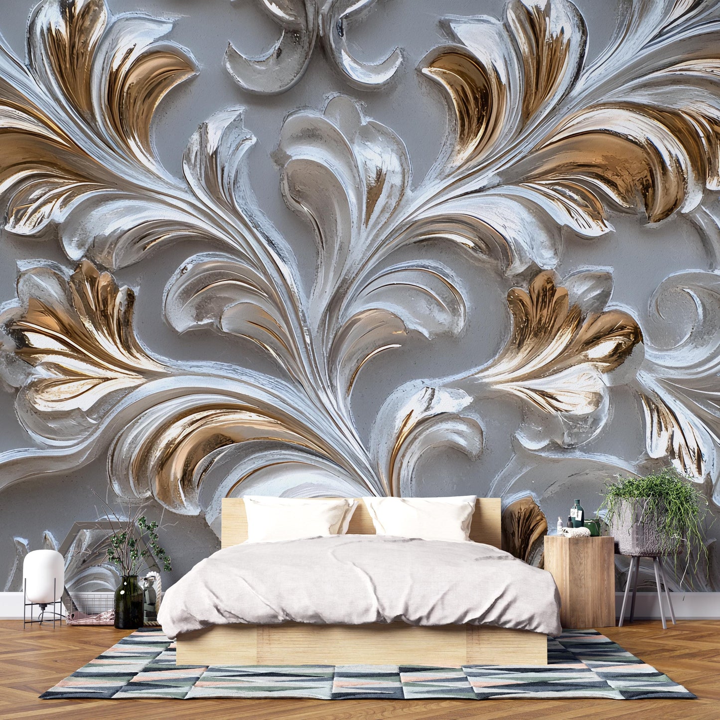 3D Baroque Floral Wall Mural, Elegant Gold & Silver Bedroom Art Decor Vn590