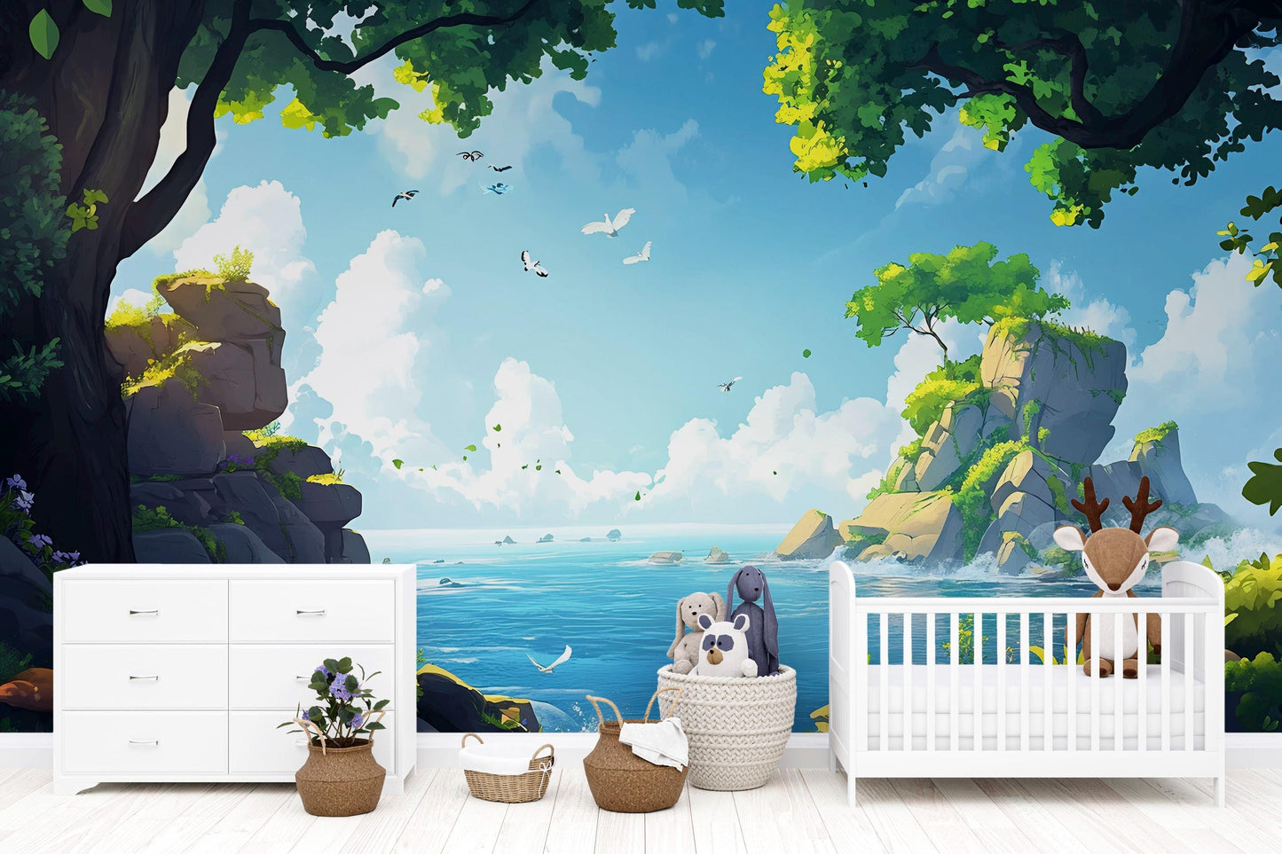 Whimsical Ocean Forest Wall Mural for Kids Room – Nature Landscape Wallpaper, Coastal Nursery Decor, Jungle Adventure Playroom Art Vn707