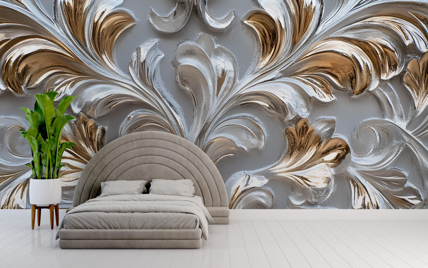 3D Baroque Floral Wall Mural, Elegant Gold & Silver Bedroom Art Decor Vn590