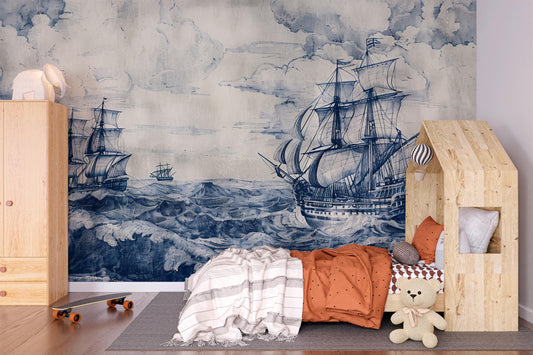 Vintage Ship Mural Wallpaper – Nautical Ocean Waves Wall Art for Home Décor Vn1046