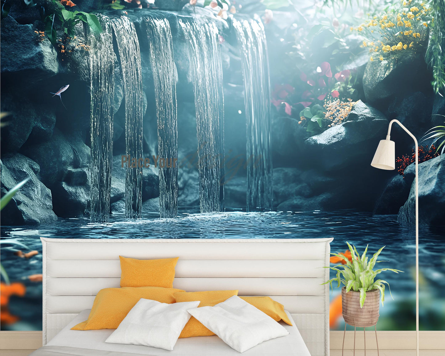 Waterfall Wall Mural | Nature-Inspired Bedroom Decor | Tranquil Waterfall Wallpaper | Serene Forest Scene for Zen Retreat Room Vn570