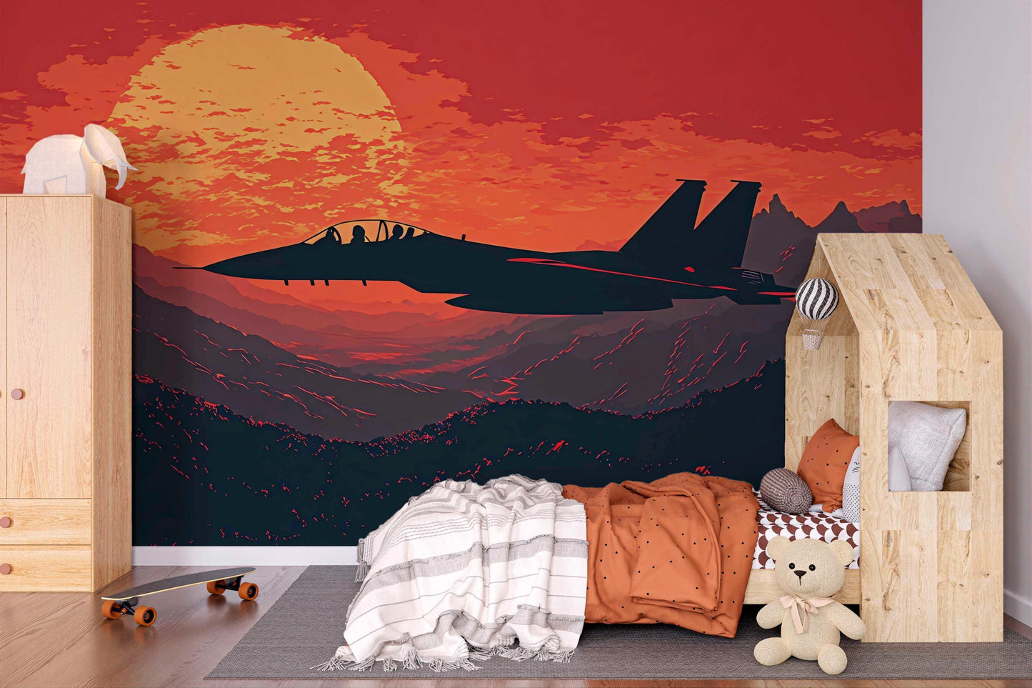 Jet Fighter Sunset Wall Mural – Retro Military Aircraft Wall Art – Bold Aviation Decor for Boys Room, Office or Pilot Gift Vn451