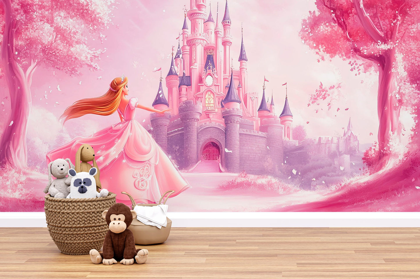 Pink Princess Castle Wall Mural – Fairytale Girl’s Room Decor, Removable Wallpaper for Nursery or Playroom Vn359