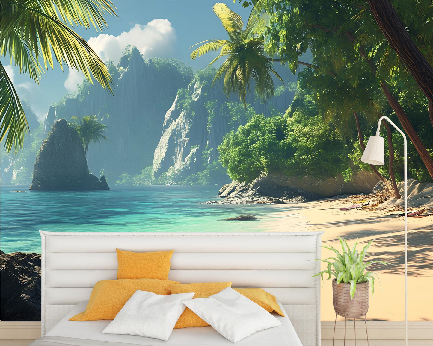Tropical Beach Wall Mural – Ocean View Wallpaper for Bedroom – Coastal Paradise Accent Wall Art Vn286