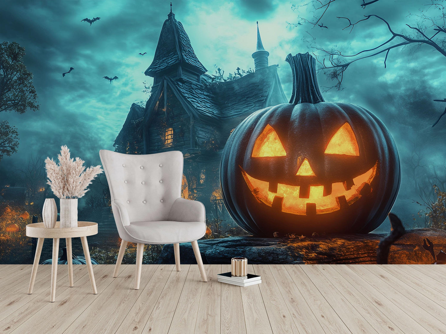 Halloween Haunted House Wall Mural – Spooky Jack-o’-Lantern Wallpaper for Party or Home Decor  Vn786