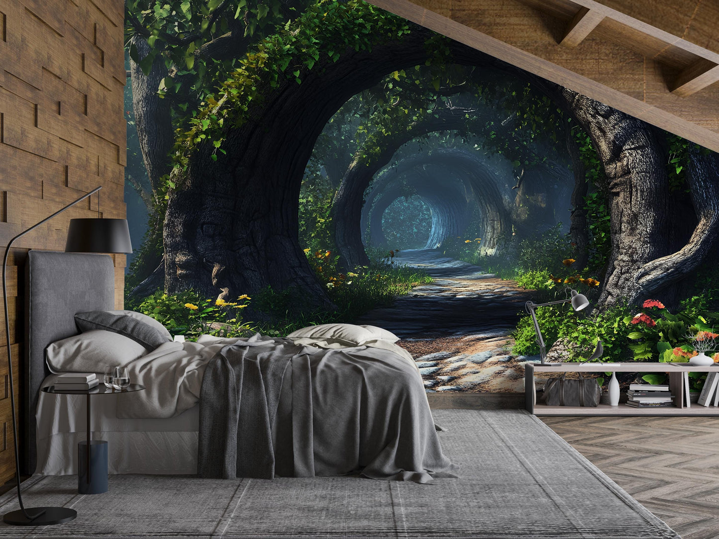 Enchanted Forest Wall Mural for Bedroom – Mystical Tree Tunnel Nature Wallpaper Vn580
