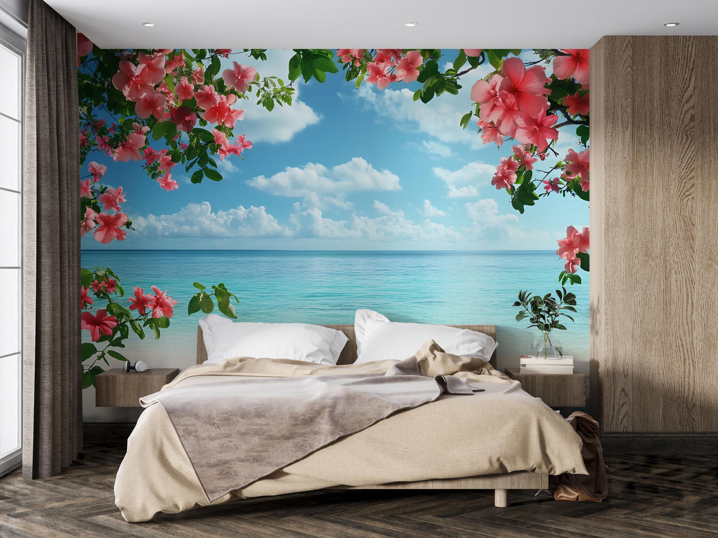 Ocean View Bedroom Wall Mural – Tropical Hibiscus Flower Wallpaper, Tranquil Beach Scene Decor, Removable Peel & Stick Vn650