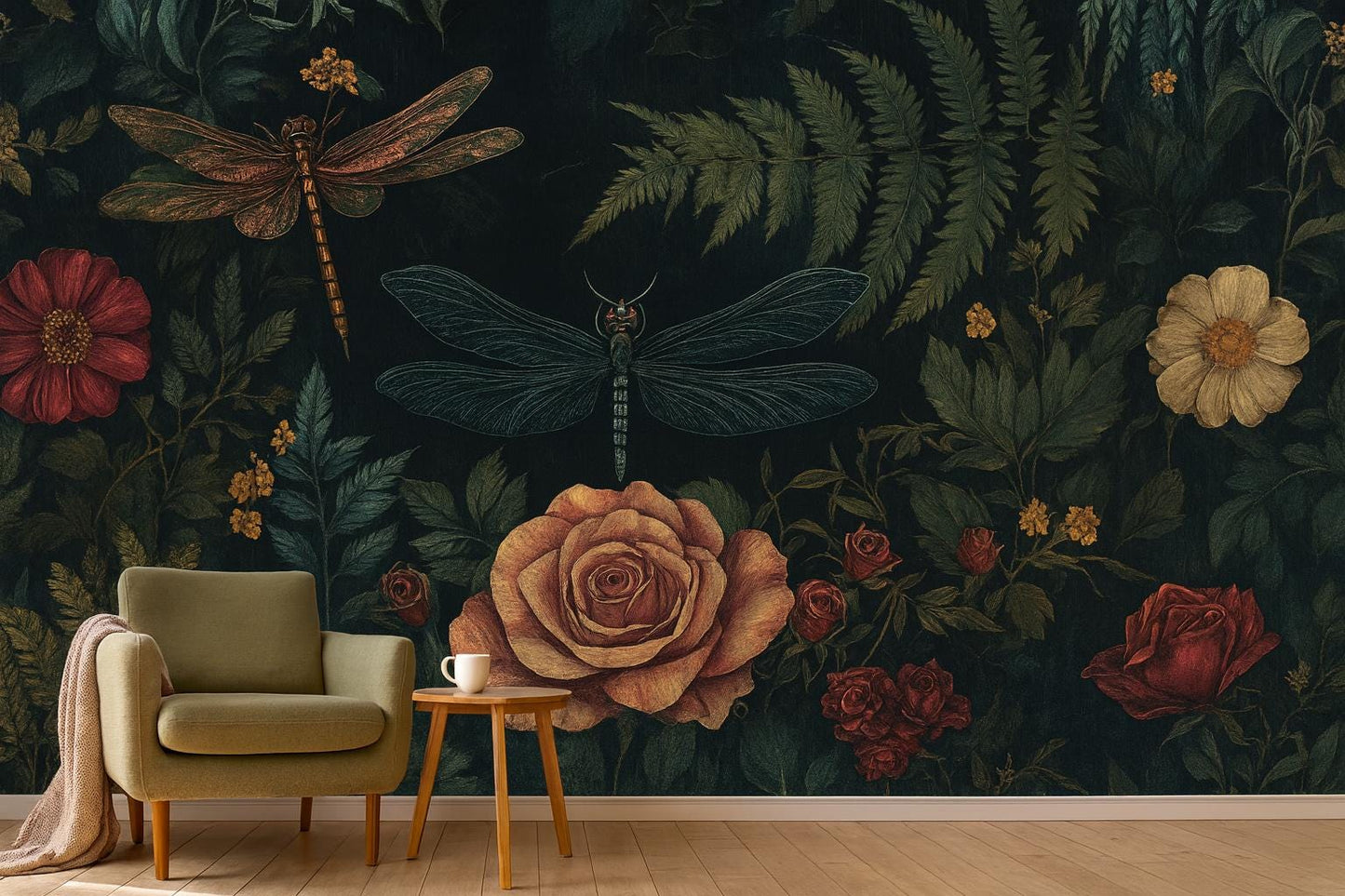 Dark Botanical Wall Art – Vintage Dragonfly & Roses Print Vn954