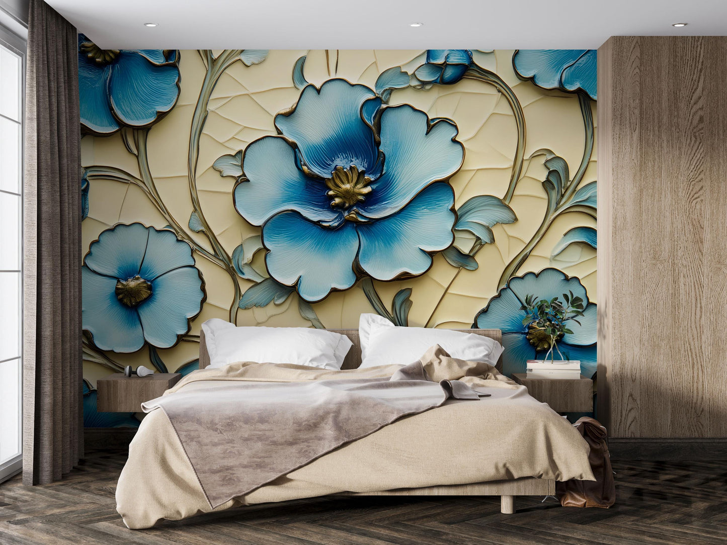 Blue Floral Wall Mural – 3D Effect Botanical Wallpaper for Living Room or Office Vn769