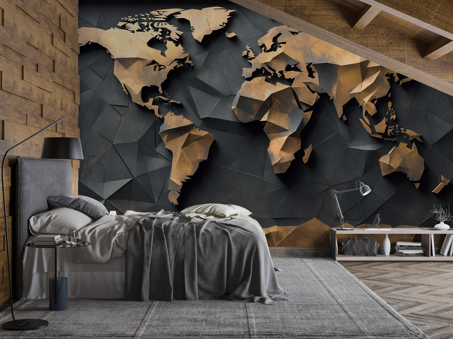 3D World Map Wall Mural Office Decor | Modern Geography Wall Art | Global Workspace Wallpaper | Abstract Map Wall Panel Vn418