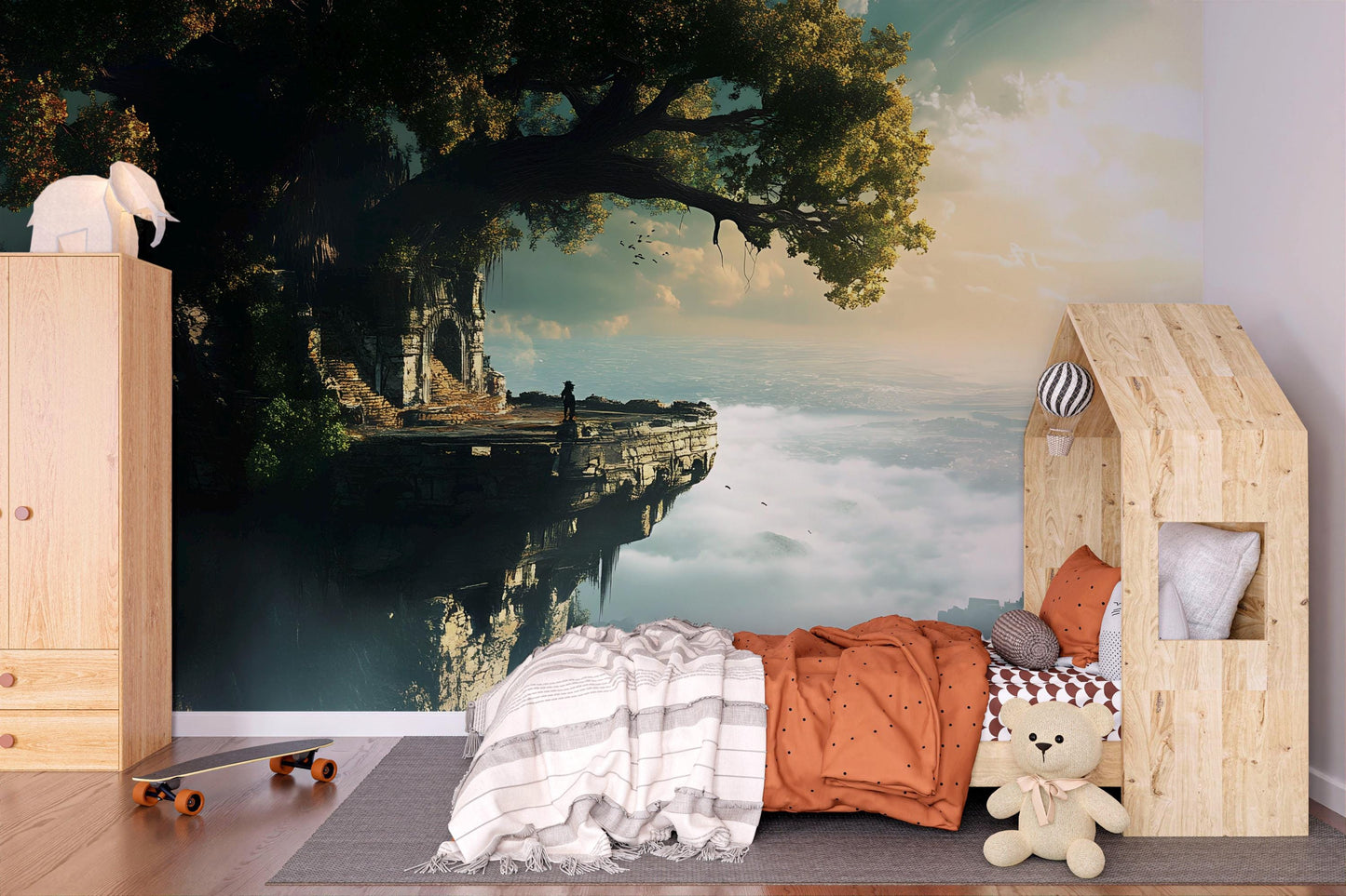 Fantasy Cliff Ruins Wall Mural – Enchanted Tree Landscape Wallpaper, Adventure Kids Room Decor Vn868