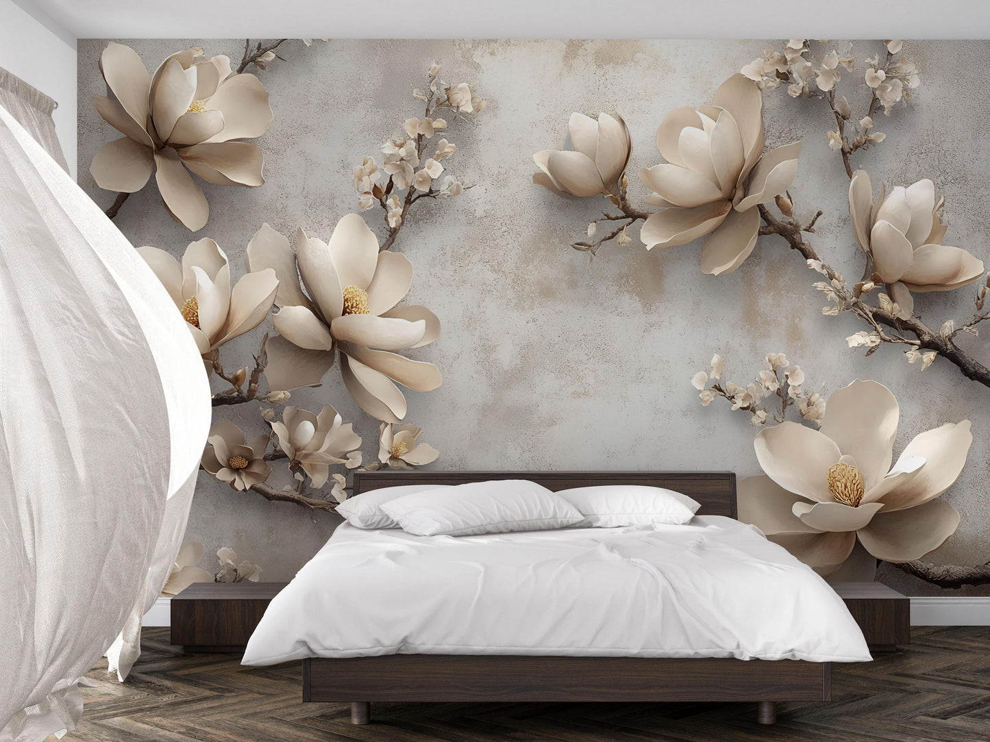 3D Magnolia Flower Wall Mural – Luxury Beige Floral Wallpaper for Bedroom & Living Room Decor Vn754