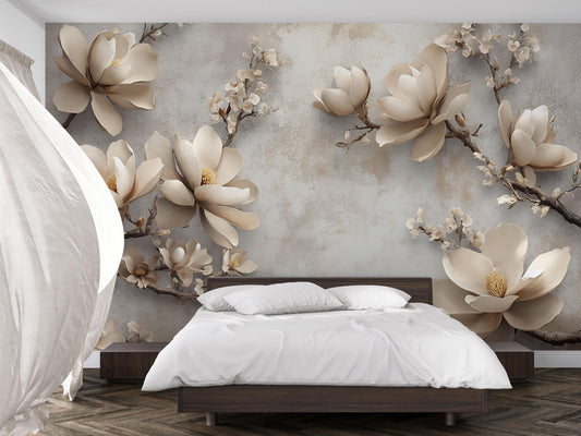 3D Magnolia Flower Wall Mural – Luxury Beige Floral Wallpaper for Bedroom & Living Room Decor Vn754