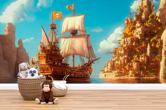 Pirate Ship Wall Mural for Kids Room – Fantasy Ocean Adventure Wallpaper – Large Removable Nursery Decor Vn 310
